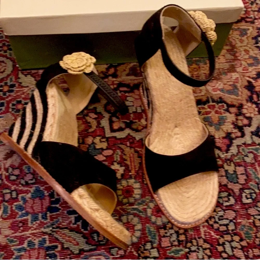 Vintage Kate Spade Grenada Black Canvas Espadrille  Tan Black Wedge Ankle Strap
